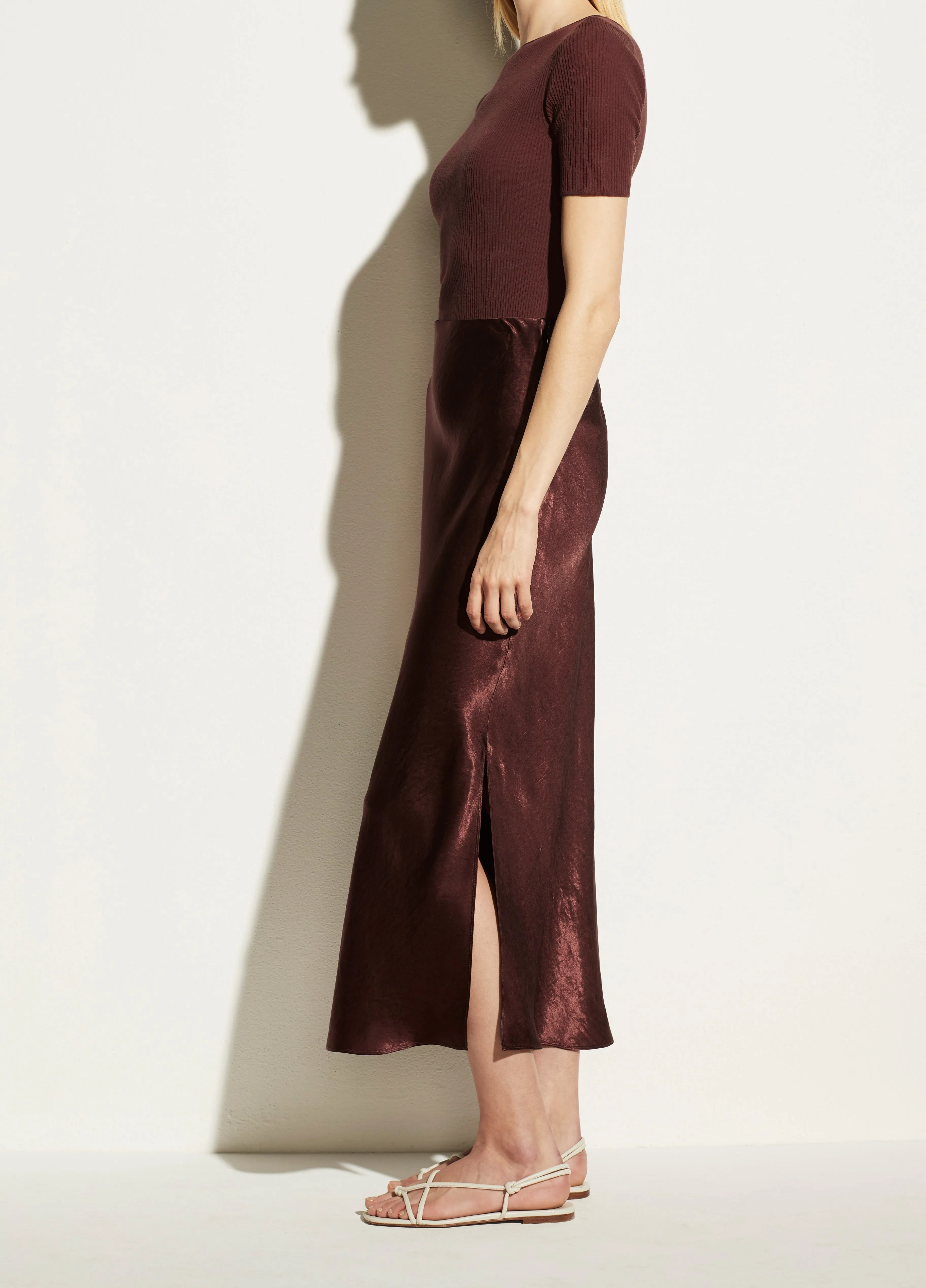 Long Satin Slip Skirt in Oxblood