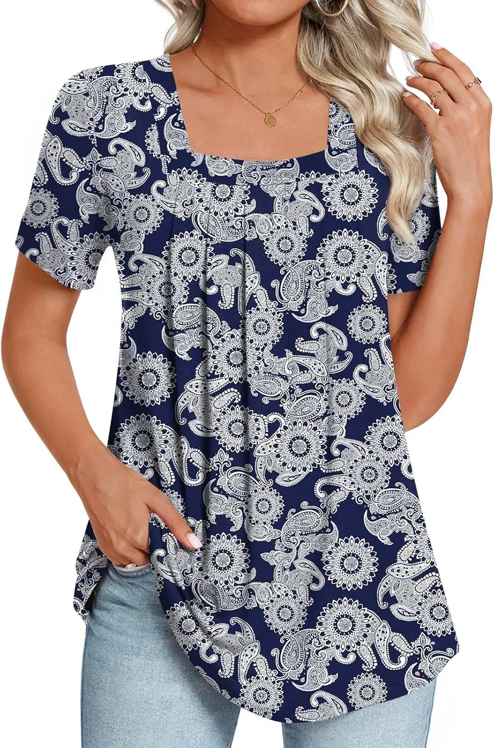LONGYUAN Womens Tunic Tops 2025 Summer Casual Square Neck Shirts S-3XL