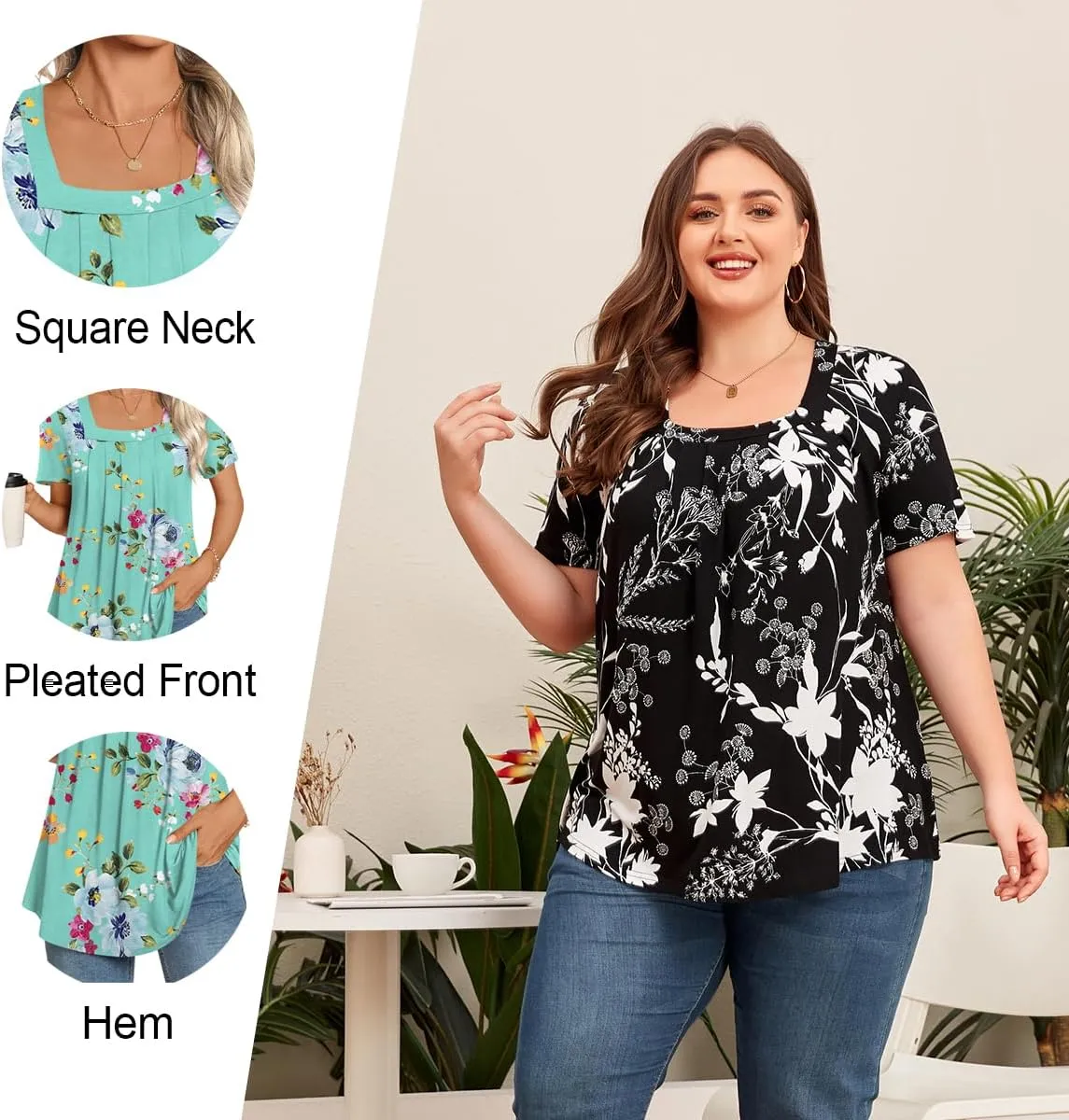 LONGYUAN Womens Tunic Tops 2025 Summer Casual Square Neck Shirts S-3XL