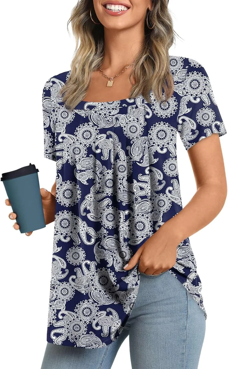 LONGYUAN Womens Tunic Tops 2025 Summer Casual Square Neck Shirts S-3XL