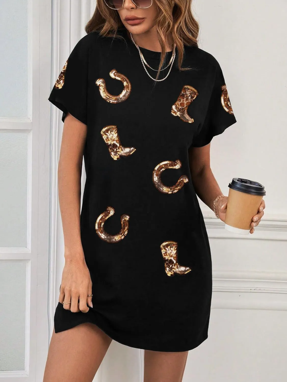LUKYCILD Western Tshirt Dress Women Sequin Dress Cowgirl Graphic Mini Tee Shirt Dress Casual Summer Short Sleeve Dress