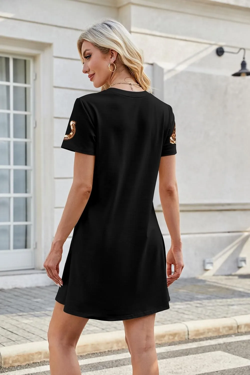 LUKYCILD Western Tshirt Dress Women Sequin Dress Cowgirl Graphic Mini Tee Shirt Dress Casual Summer Short Sleeve Dress