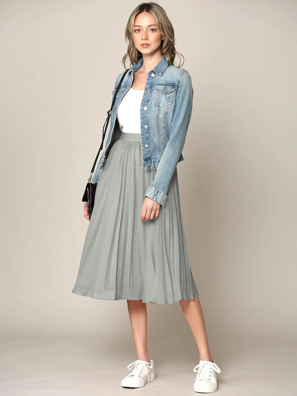 Made By Johnny Women's High Elastic Waist Pleated Mid A-Line Swing Skirt