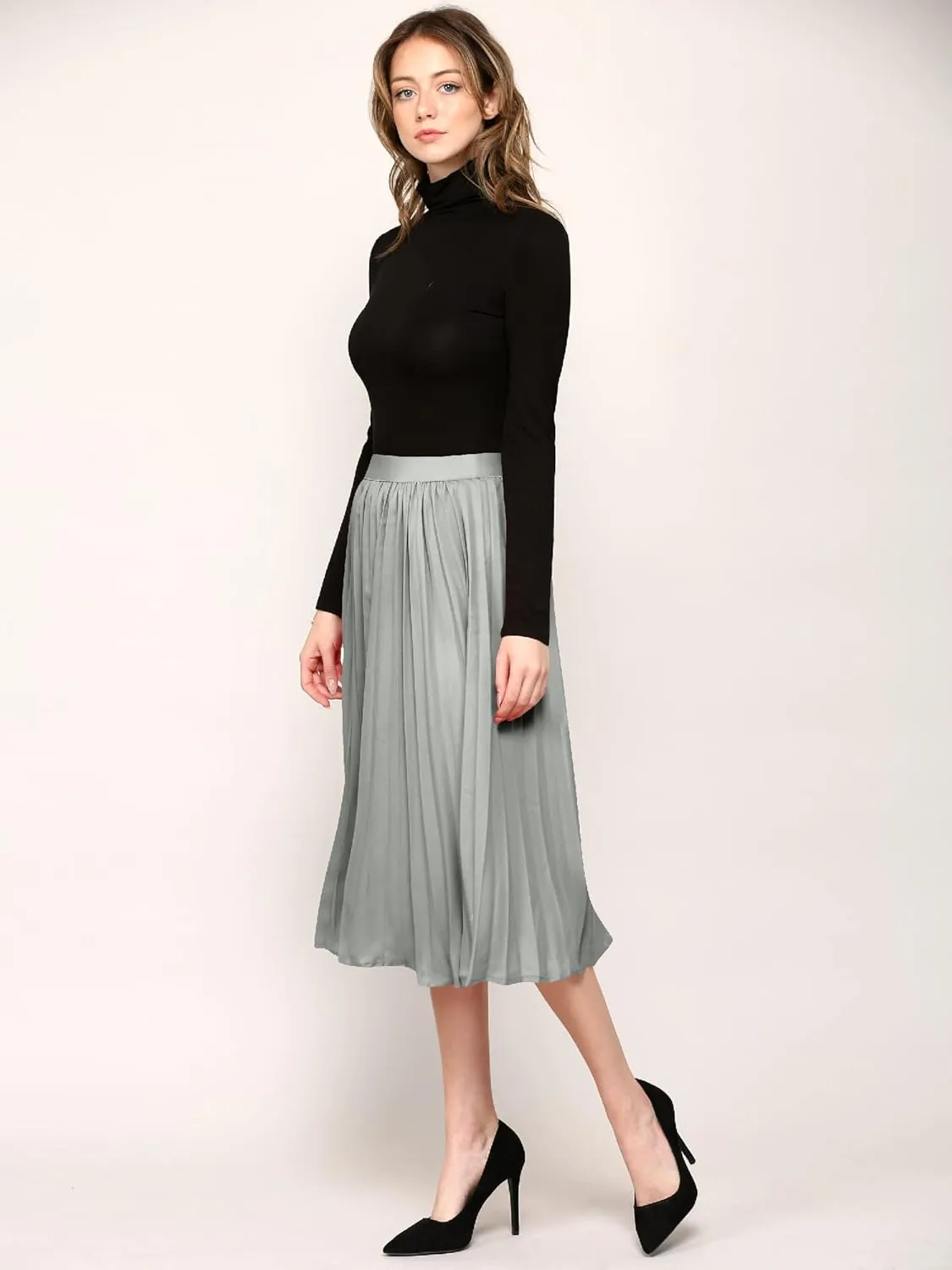Made By Johnny Women's High Elastic Waist Pleated Mid A-Line Swing Skirt