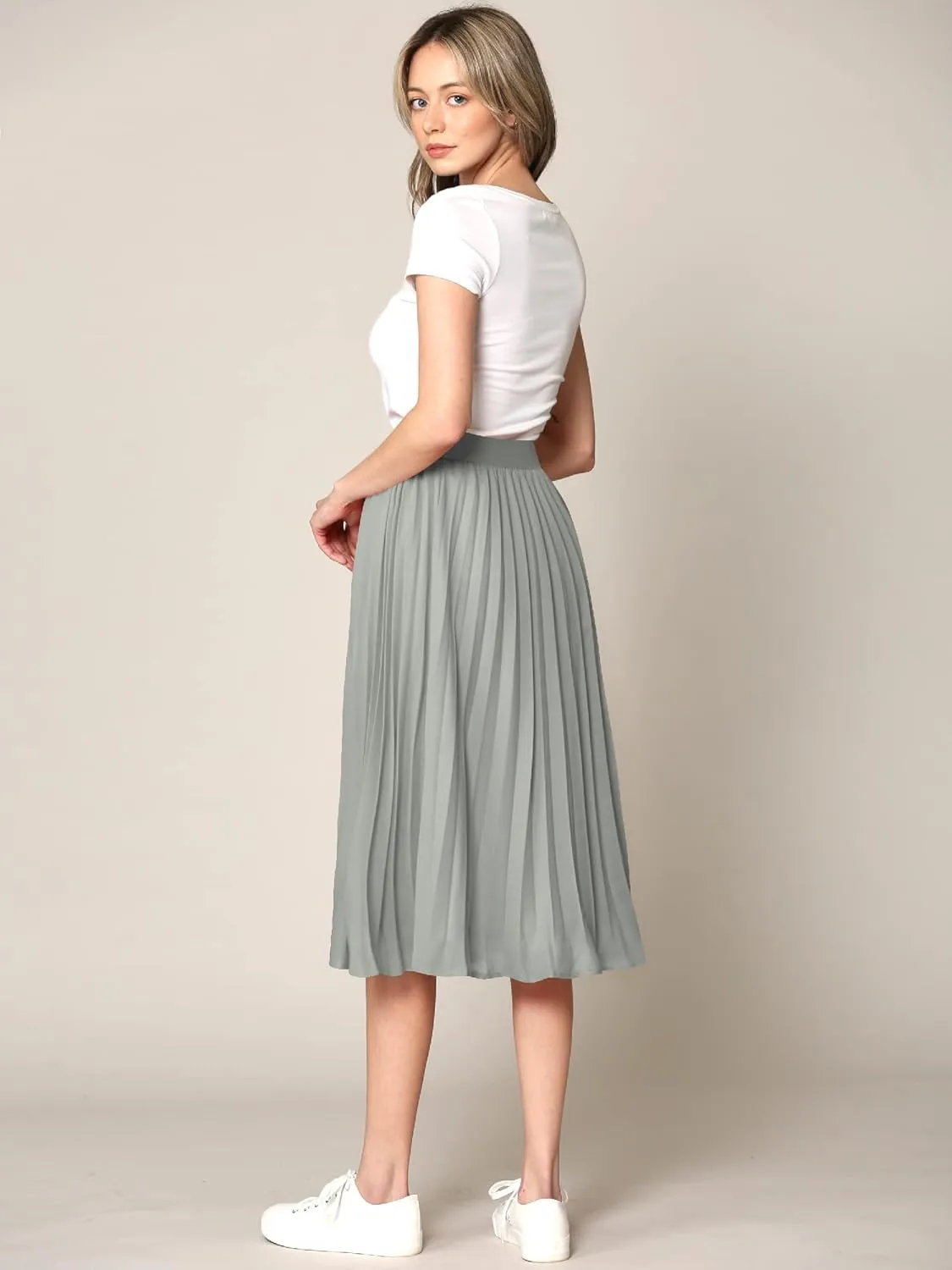 Made By Johnny Women's High Elastic Waist Pleated Mid A-Line Swing Skirt