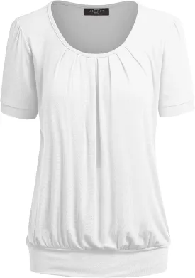 Made By Johnny Women's Scoop Neck Short Sleeve Pleated Front Blouse Tunic Top Plus Size