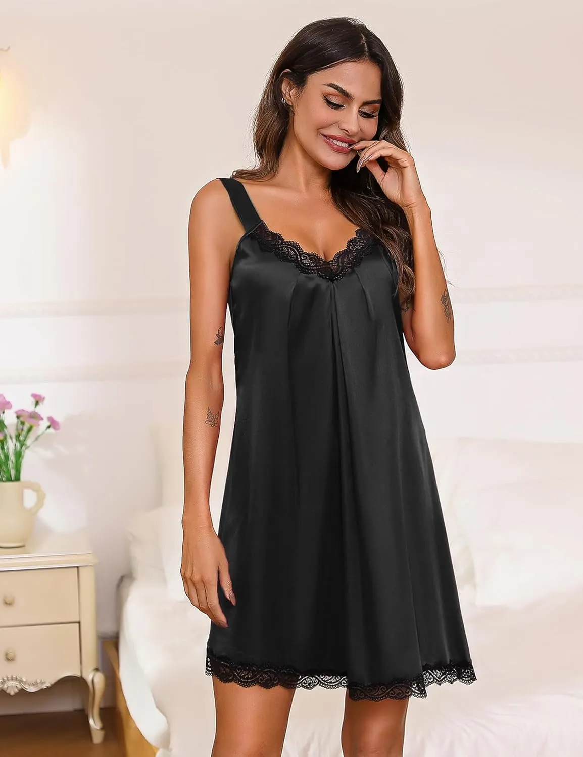Marvmys Women's Satin Chemise Nightgown Lace Trim Silk Slip Lingerie Dress V Neck Sleeveless Nightdress