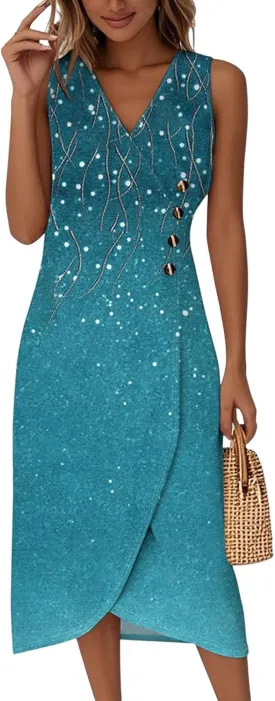 Maxi Dresses for Women Summer Sleeveless Beach Vacation Dress Wrap V Neck Tank Dress Casual Irregular Hem Sundress