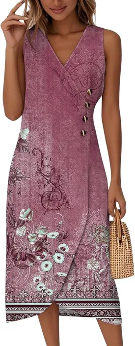 Maxi Dresses for Women Summer Sleeveless Beach Vacation Dress Wrap V Neck Tank Dress Casual Irregular Hem Sundress