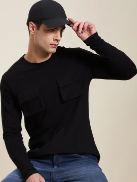 Men Black Double Pocket Full Sleeve Regular T-Shirt