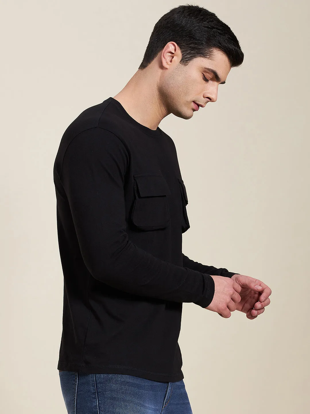 Men Black Double Pocket Full Sleeve Regular T-Shirt