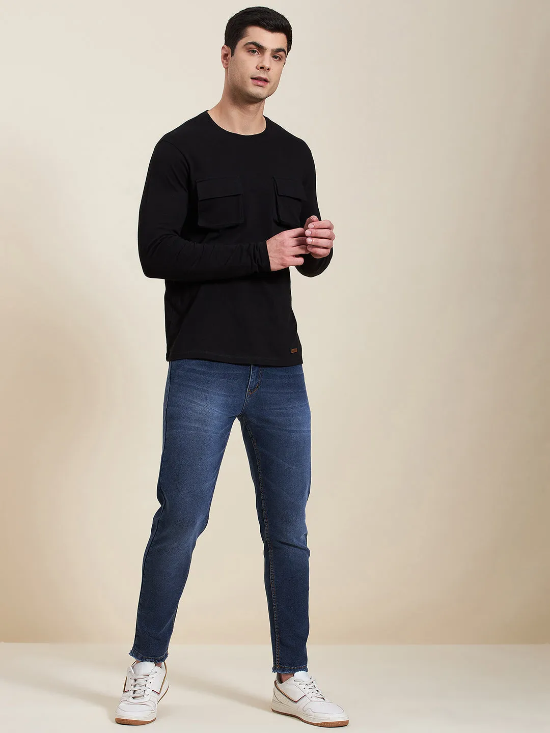 Men Black Double Pocket Full Sleeve Regular T-Shirt