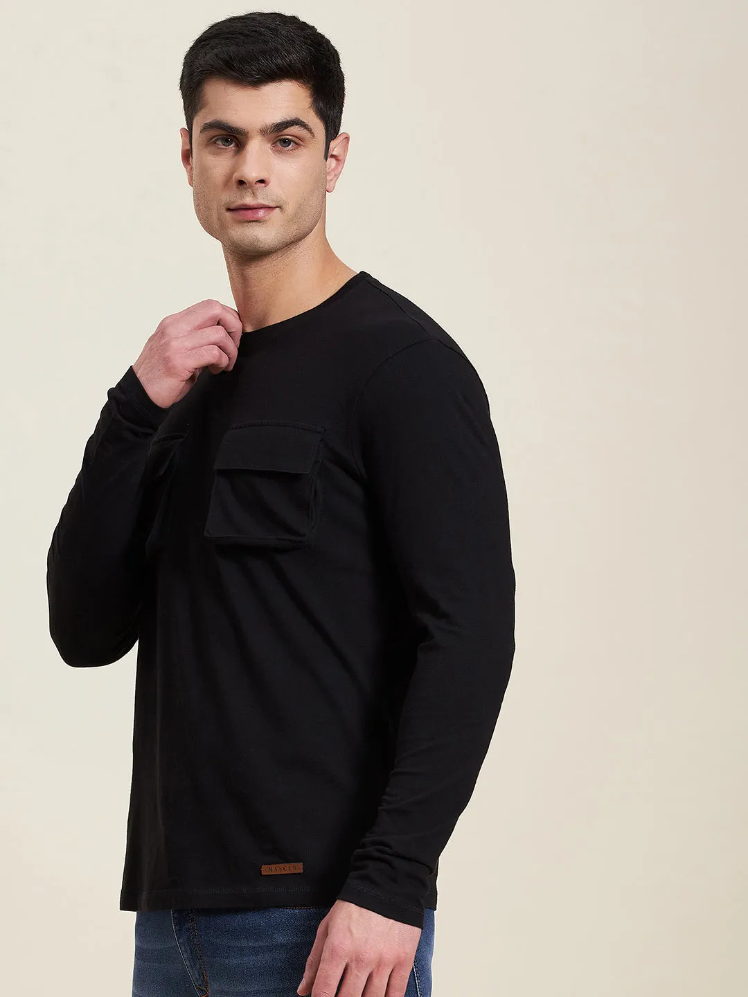 Men Black Double Pocket Full Sleeve Regular T-Shirt