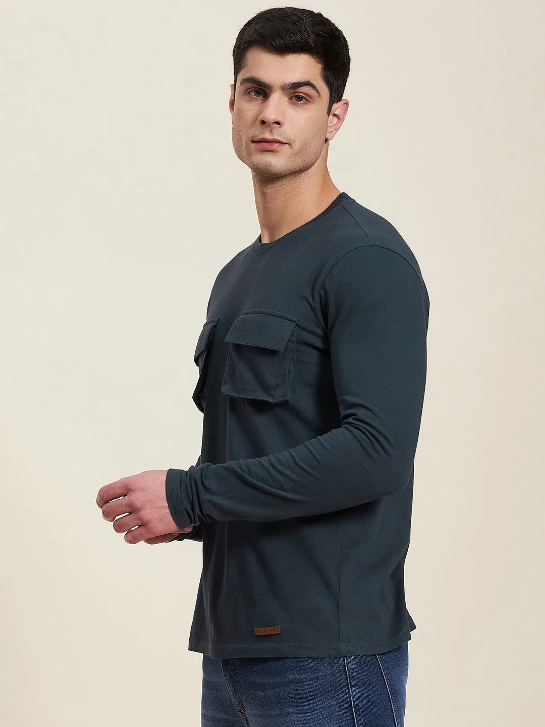 Men Dark Blue Double Pocket Full Sleeve Regular T-Shirt