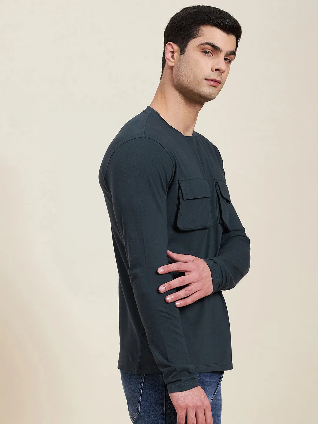 Men Dark Blue Double Pocket Full Sleeve Regular T-Shirt