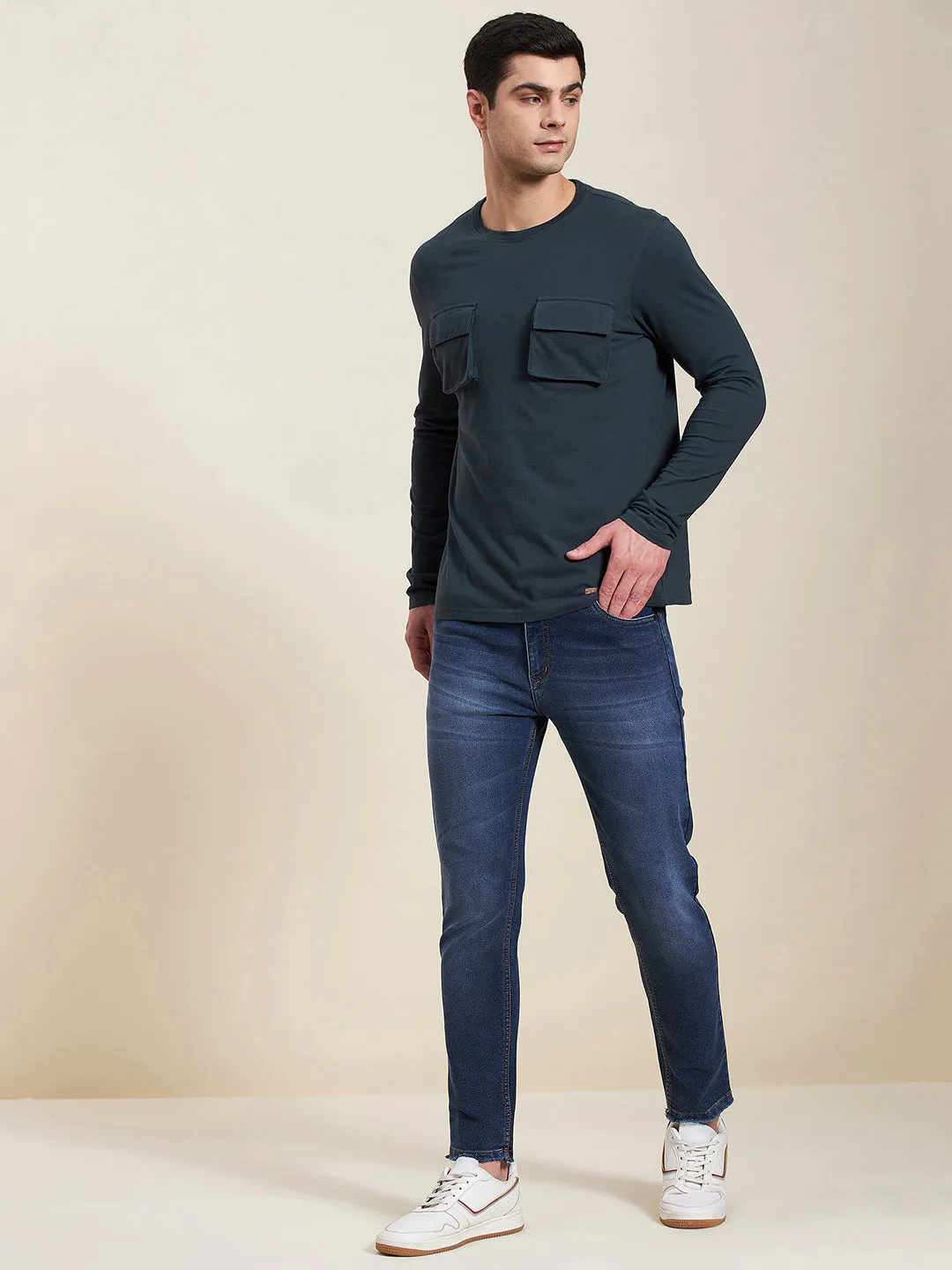 Men Dark Blue Double Pocket Full Sleeve Regular T-Shirt