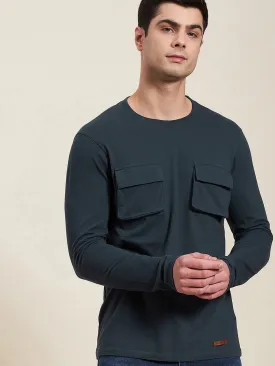 Men Dark Blue Double Pocket Full Sleeve Regular T-Shirt