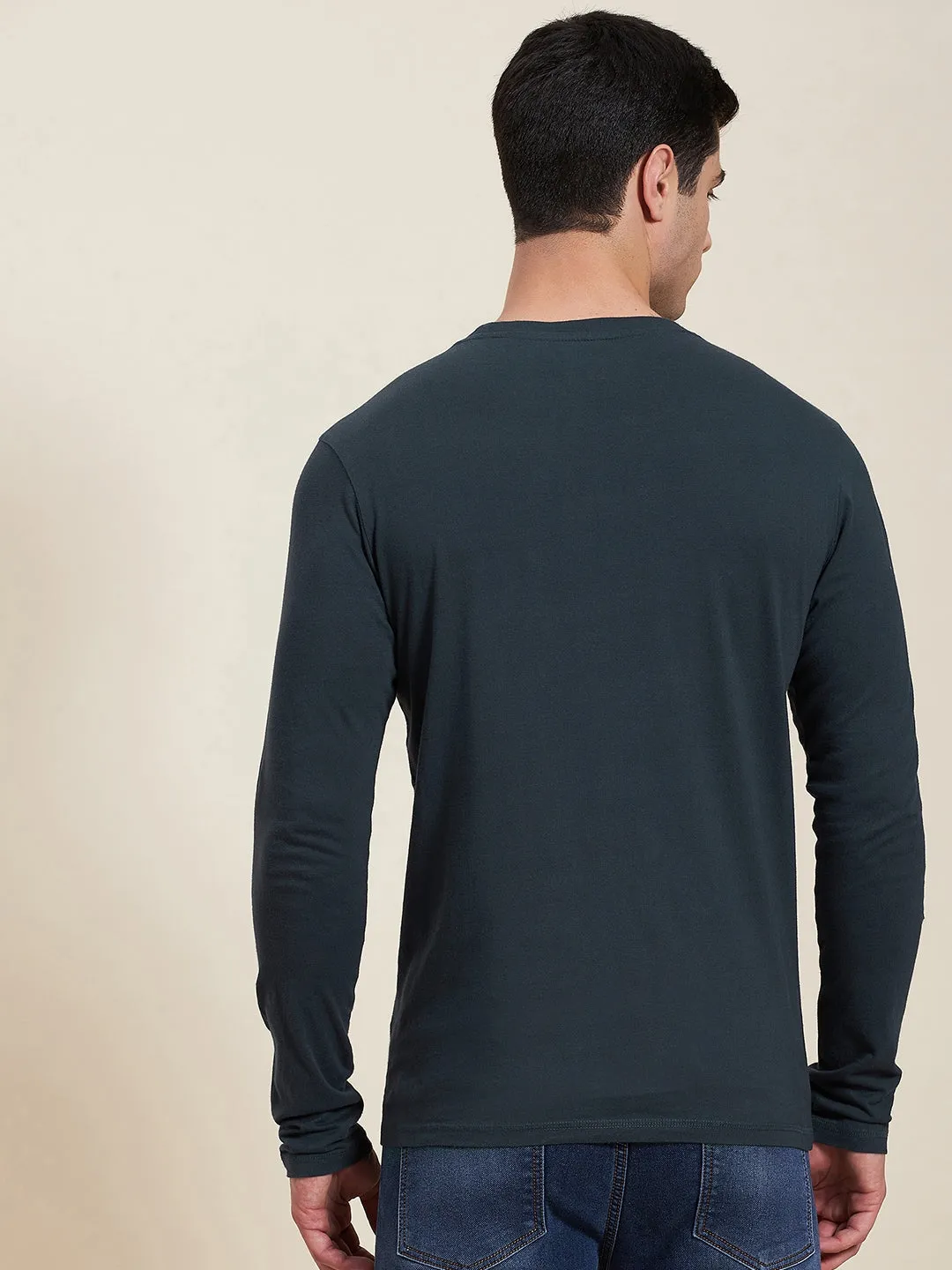 Men Dark Blue Double Pocket Full Sleeve Regular T-Shirt