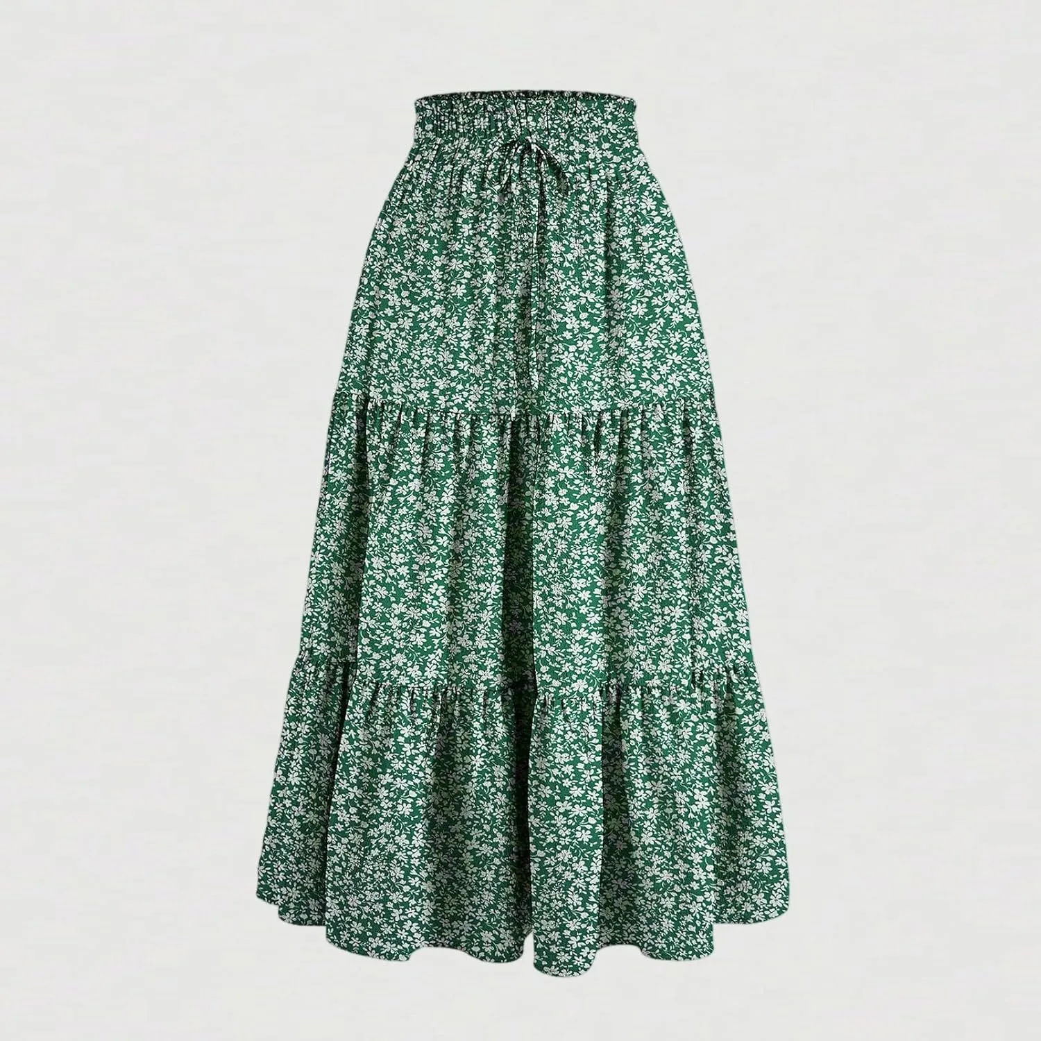 Midi Skirt for Women Summer Tiered Drawstring High Waisted Knee Length Skirt Pleated Aline Elegant Solid Color Skirt