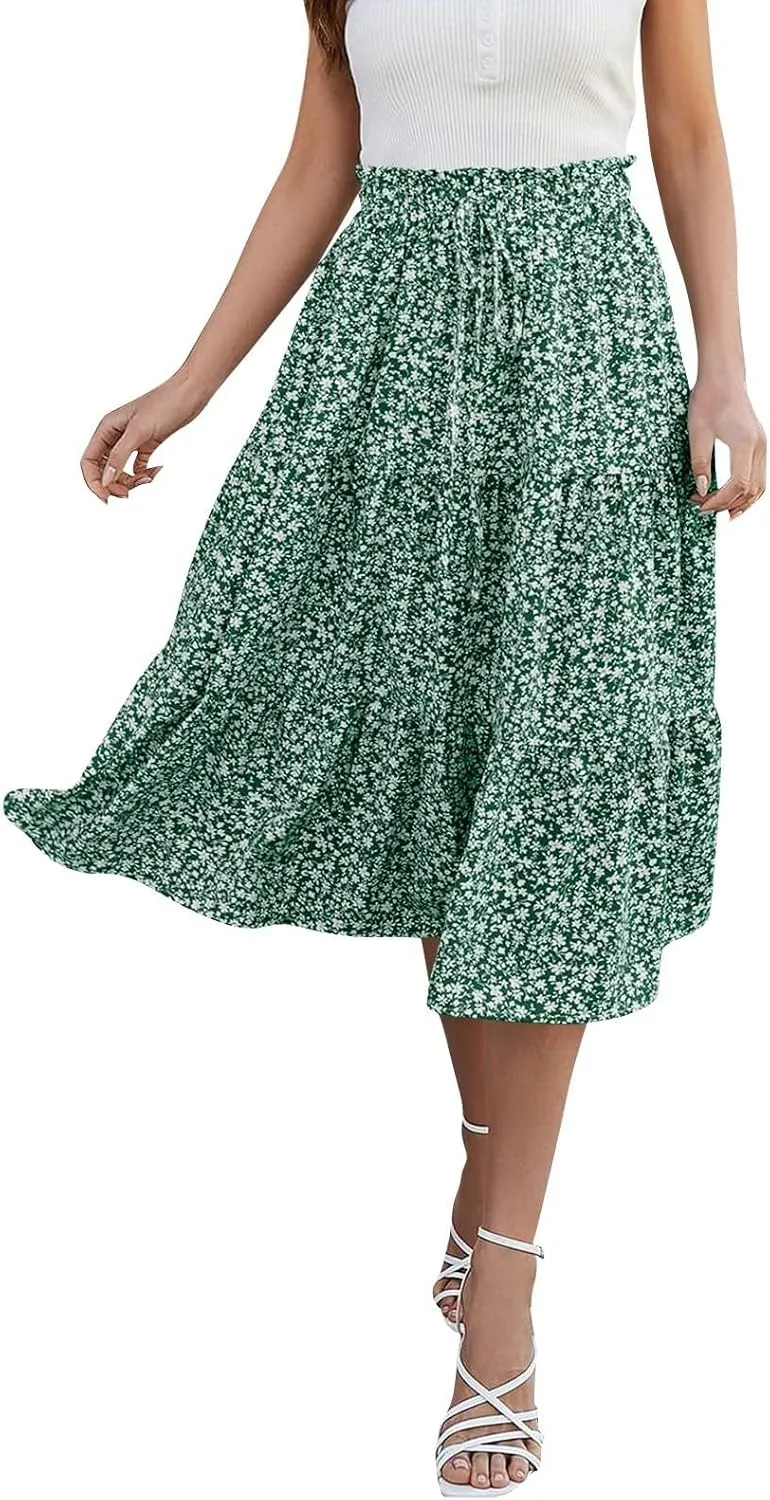 Midi Skirt for Women Summer Tiered Drawstring High Waisted Knee Length Skirt Pleated Aline Elegant Solid Color Skirt