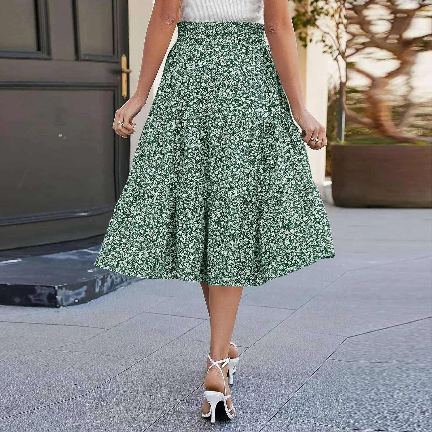 Midi Skirt for Women Summer Tiered Drawstring High Waisted Knee Length Skirt Pleated Aline Elegant Solid Color Skirt