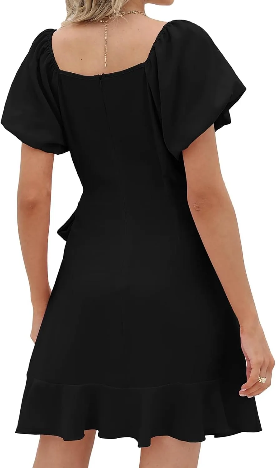 Mini Dresses for Women Square Neck Puff Sleeve Tie Waist Short Dress Ruffle Wrap A Line Flowy Dresses