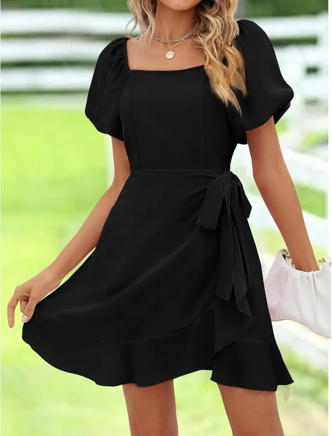 Mini Dresses for Women Square Neck Puff Sleeve Tie Waist Short Dress Ruffle Wrap A Line Flowy Dresses