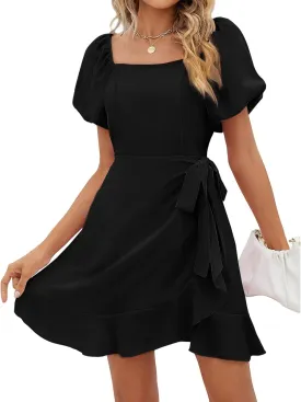 Mini Dresses for Women Square Neck Puff Sleeve Tie Waist Short Dress Ruffle Wrap A Line Flowy Dresses