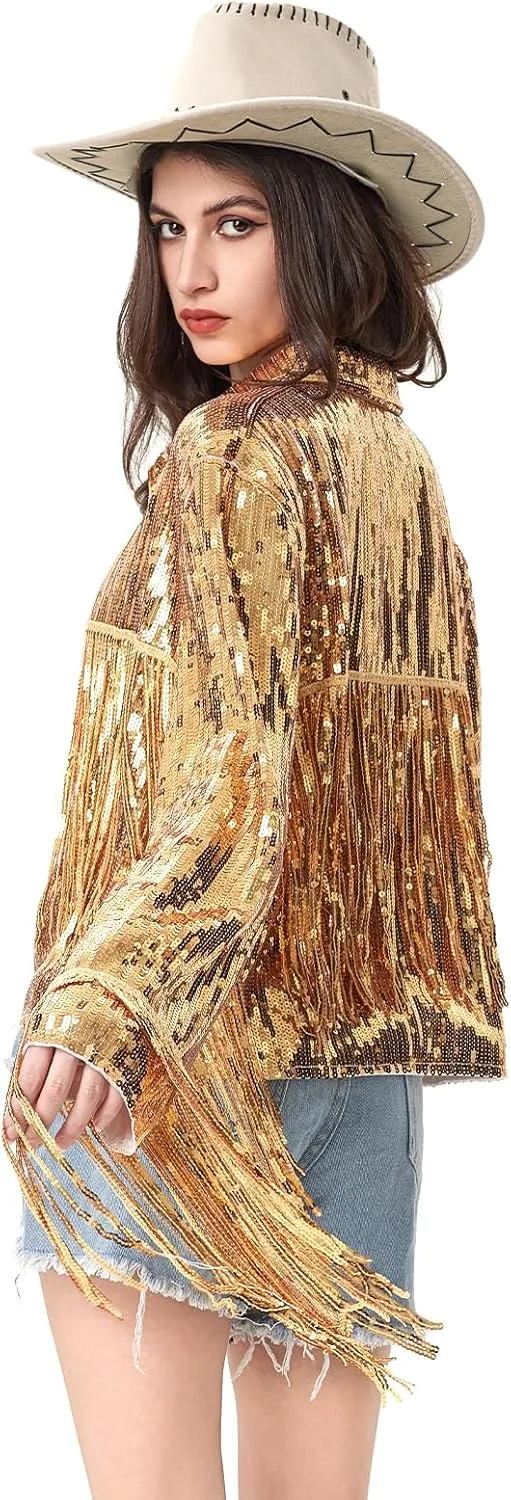 MISI CHAO Sequin Fringe Jacket Shiny Disco Cowgirl Outfit Theme Y2K 90s Streetwear Jacket Glitter Tassel Coat