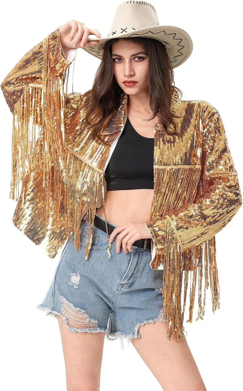 MISI CHAO Sequin Fringe Jacket Shiny Disco Cowgirl Outfit Theme Y2K 90s Streetwear Jacket Glitter Tassel Coat
