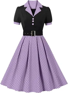 ODIZLI Women's 1950s Retro Dress Short Sleeve Notched Lapel Polka Dot Stripe Swing Dress with Belt Cocktail Dress