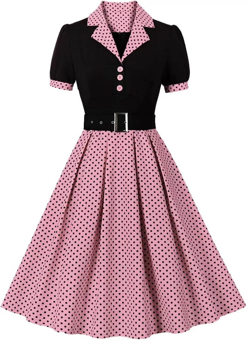 ODIZLI Women's 1950s Retro Dress Short Sleeve Notched Lapel Polka Dot Stripe Swing Dress with Belt Cocktail Dress