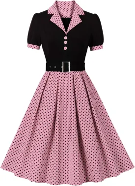 ODIZLI Women's 1950s Retro Dress Short Sleeve Notched Lapel Polka Dot Stripe Swing Dress with Belt Cocktail Dress