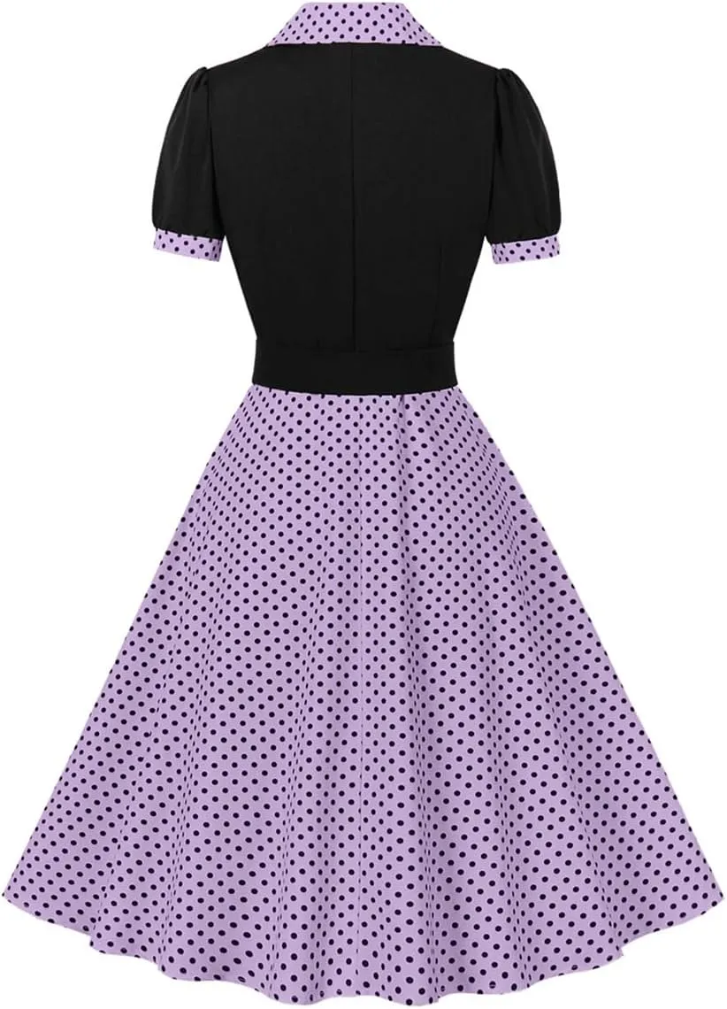 ODIZLI Women's 1950s Retro Dress Short Sleeve Notched Lapel Polka Dot Stripe Swing Dress with Belt Cocktail Dress