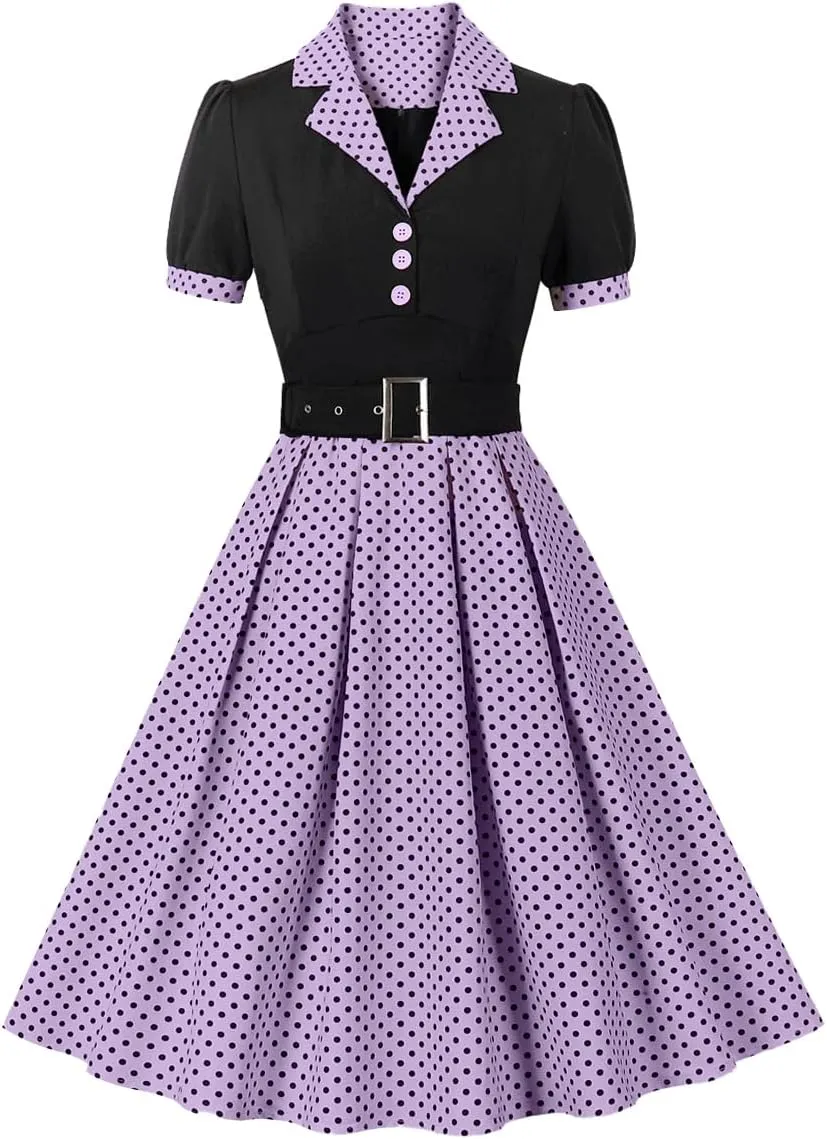 ODIZLI Women's 1950s Retro Dress Short Sleeve Notched Lapel Polka Dot Stripe Swing Dress with Belt Cocktail Dress