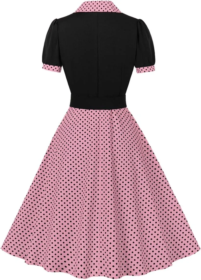 ODIZLI Women's 1950s Retro Dress Short Sleeve Notched Lapel Polka Dot Stripe Swing Dress with Belt Cocktail Dress