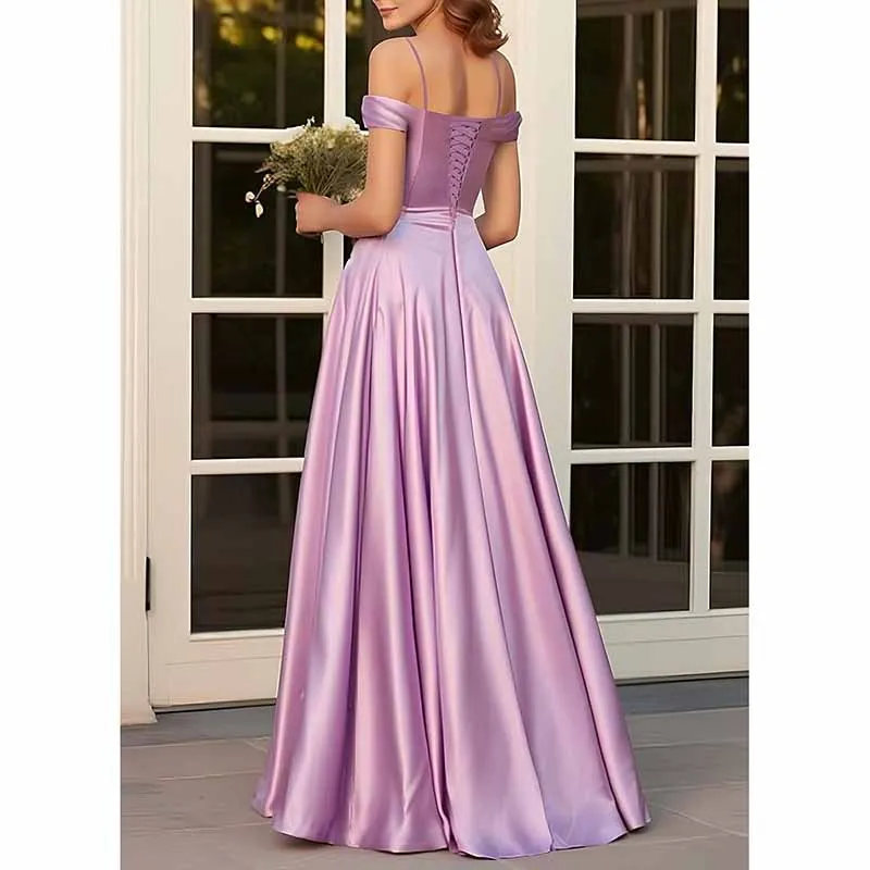 Off The Shoulder Bridesmaid Dresses Women Long Satin Formal Dresses Spaghetti Straps Evening Gown