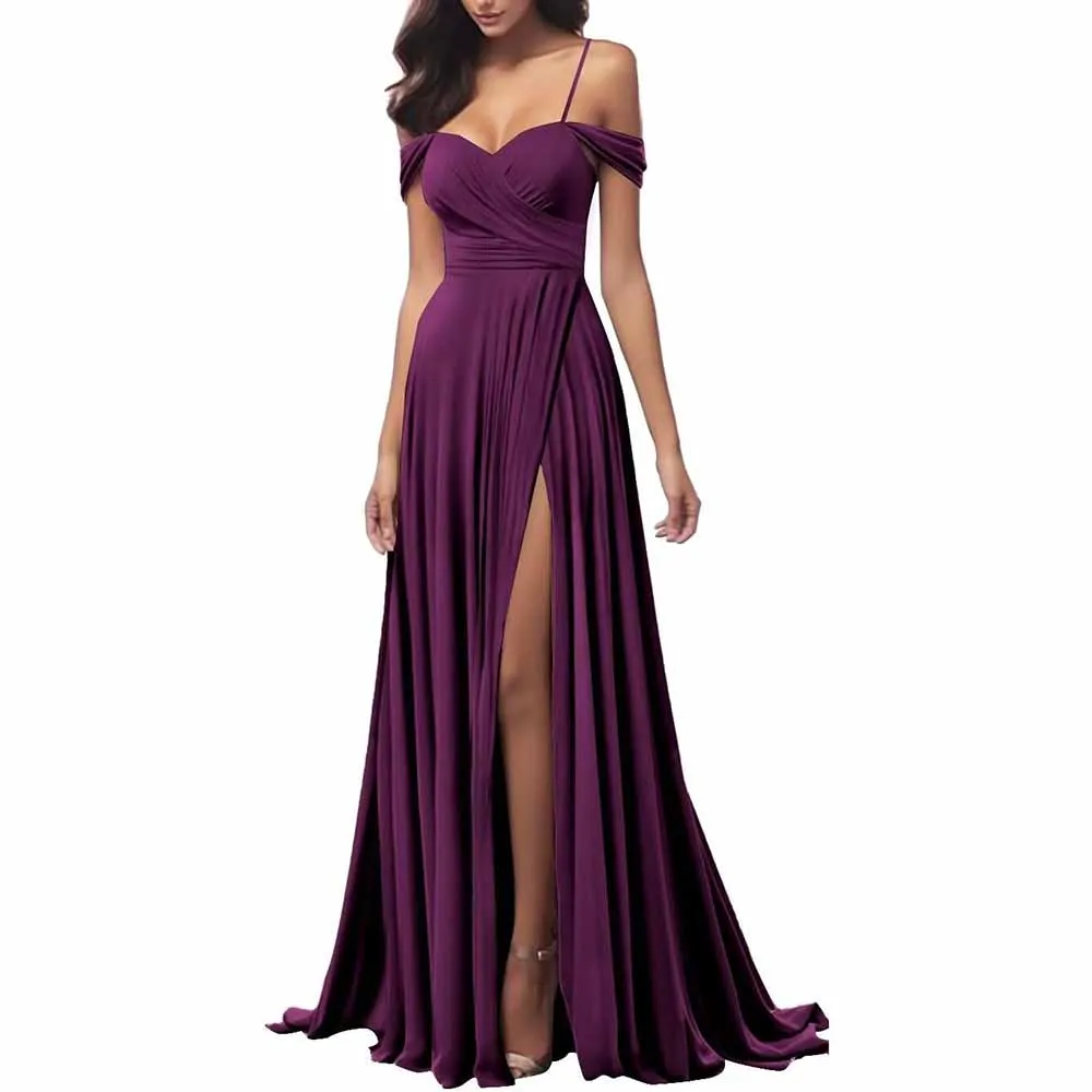Off The Shoulder Bridesmaid Dresses Women Long Satin Formal Dresses Spaghetti Straps Evening Gown