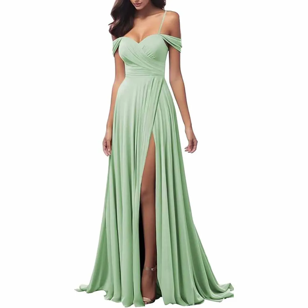 Off The Shoulder Bridesmaid Dresses Women Long Satin Formal Dresses Spaghetti Straps Evening Gown