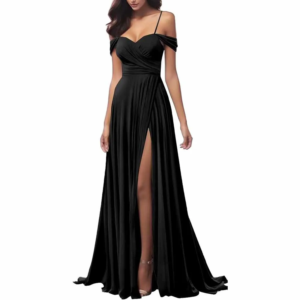 Off The Shoulder Bridesmaid Dresses Women Long Satin Formal Dresses Spaghetti Straps Evening Gown