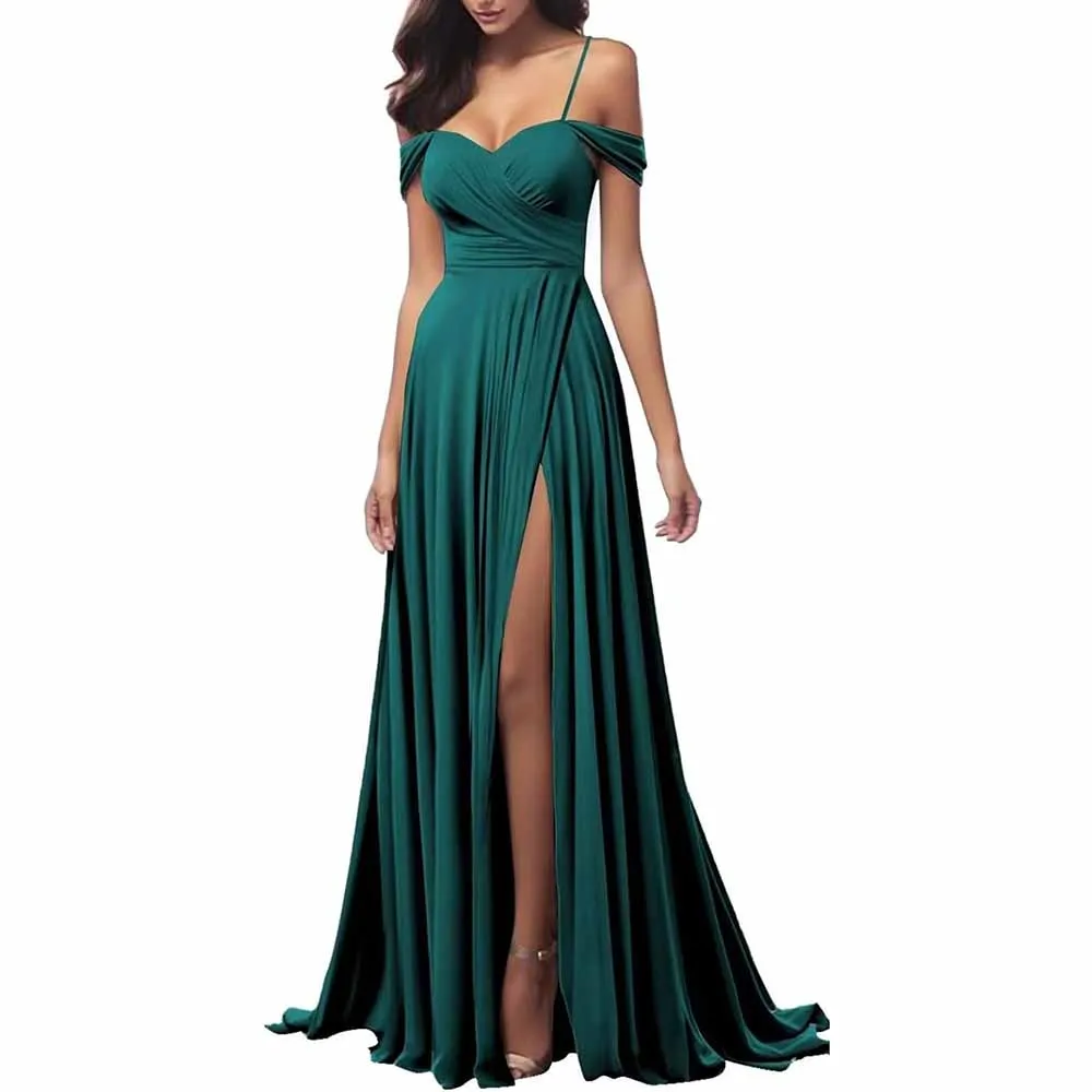 Off The Shoulder Bridesmaid Dresses Women Long Satin Formal Dresses Spaghetti Straps Evening Gown