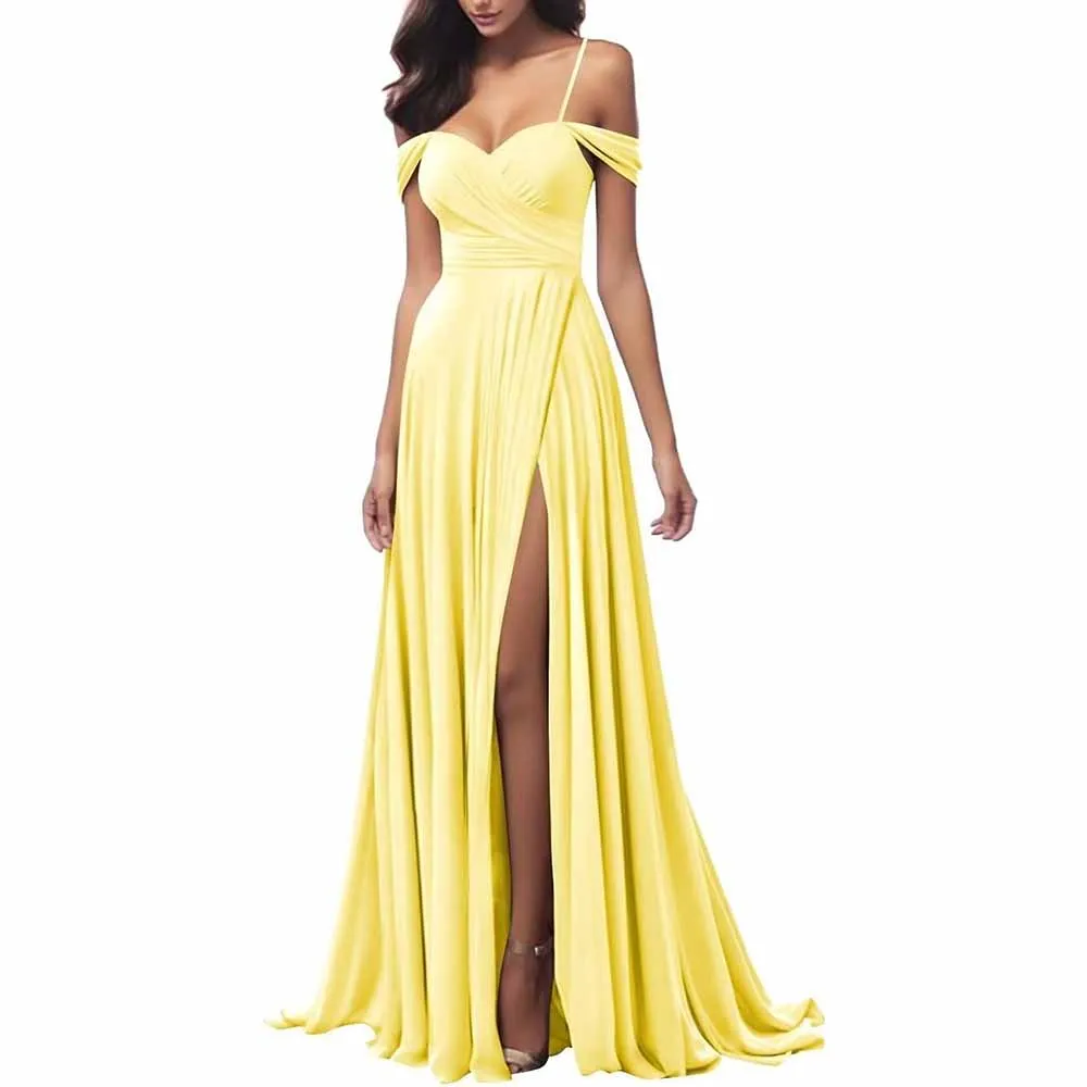 Off The Shoulder Bridesmaid Dresses Women Long Satin Formal Dresses Spaghetti Straps Evening Gown