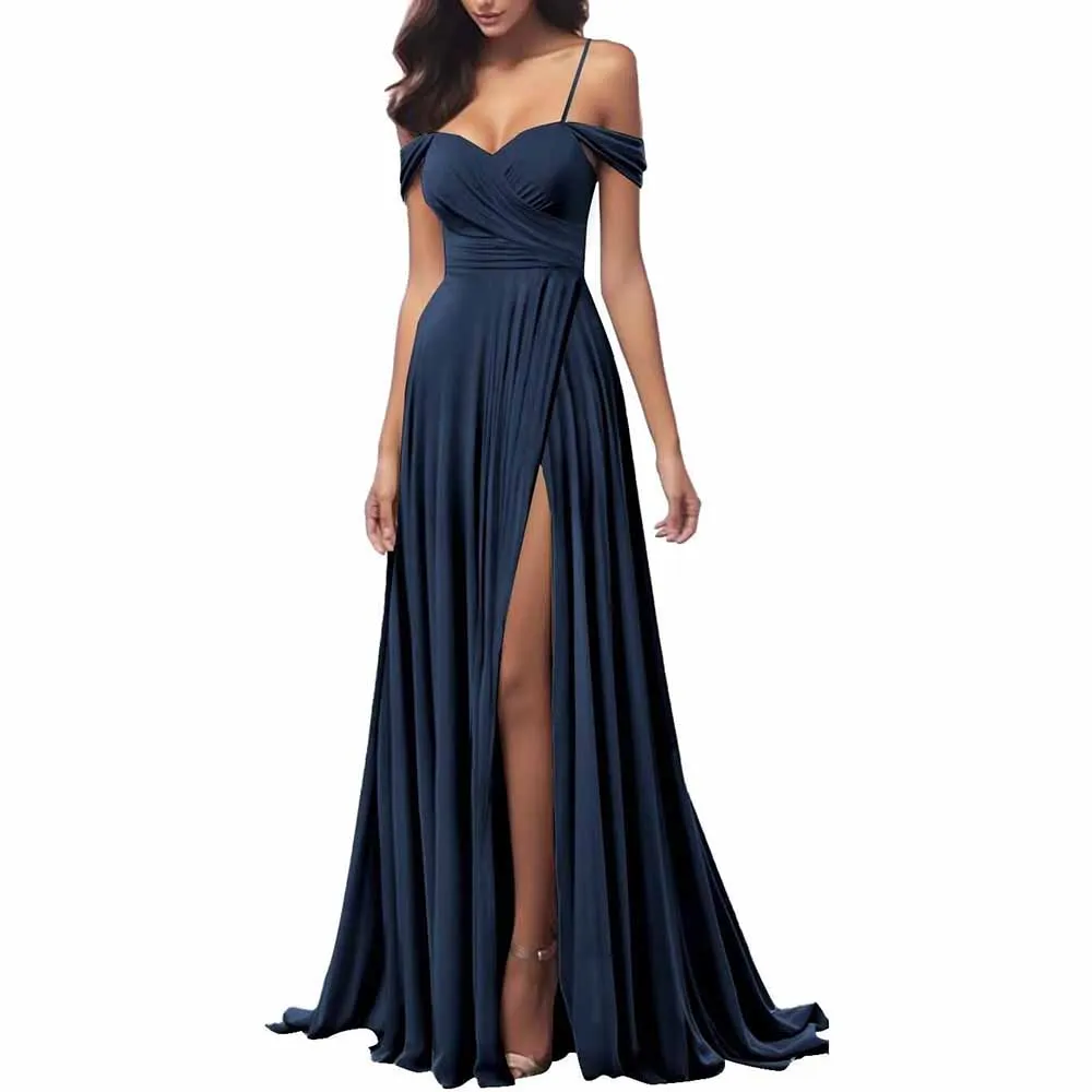 Off The Shoulder Bridesmaid Dresses Women Long Satin Formal Dresses Spaghetti Straps Evening Gown