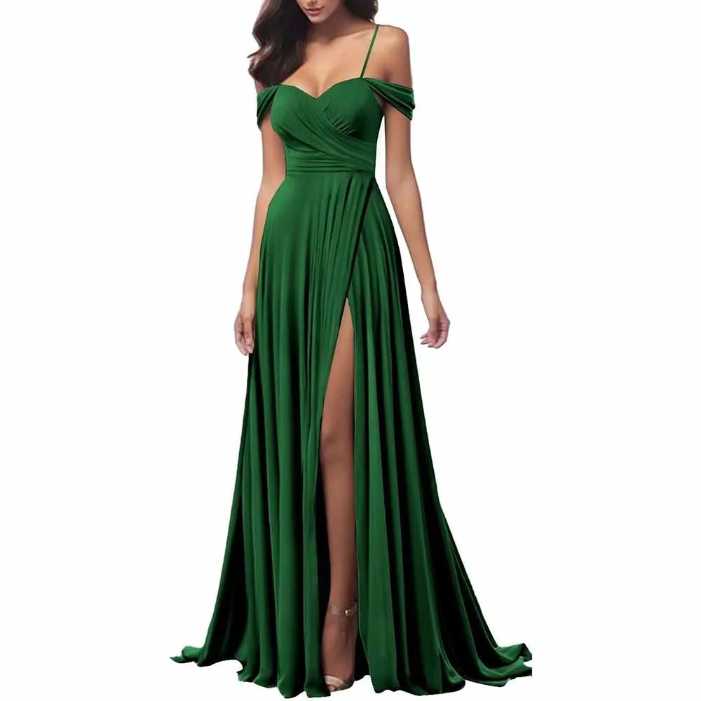 Off The Shoulder Bridesmaid Dresses Women Long Satin Formal Dresses Spaghetti Straps Evening Gown