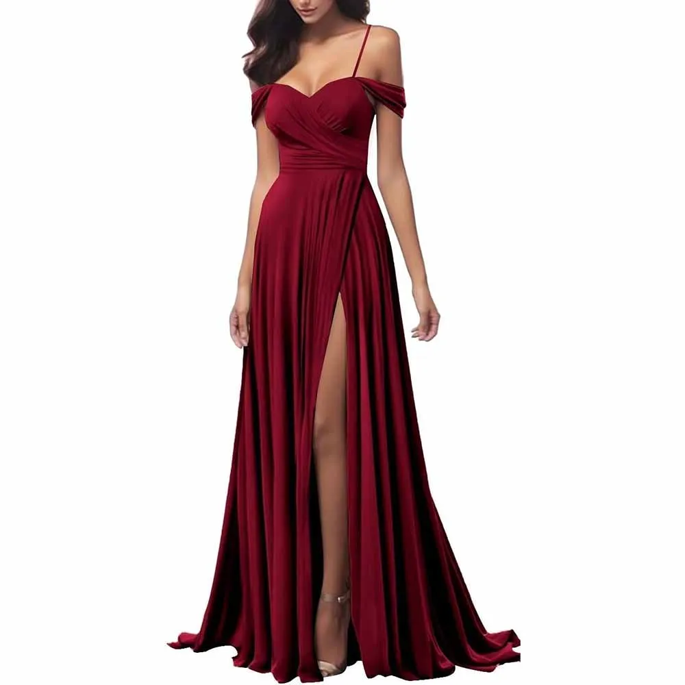 Off The Shoulder Bridesmaid Dresses Women Long Satin Formal Dresses Spaghetti Straps Evening Gown