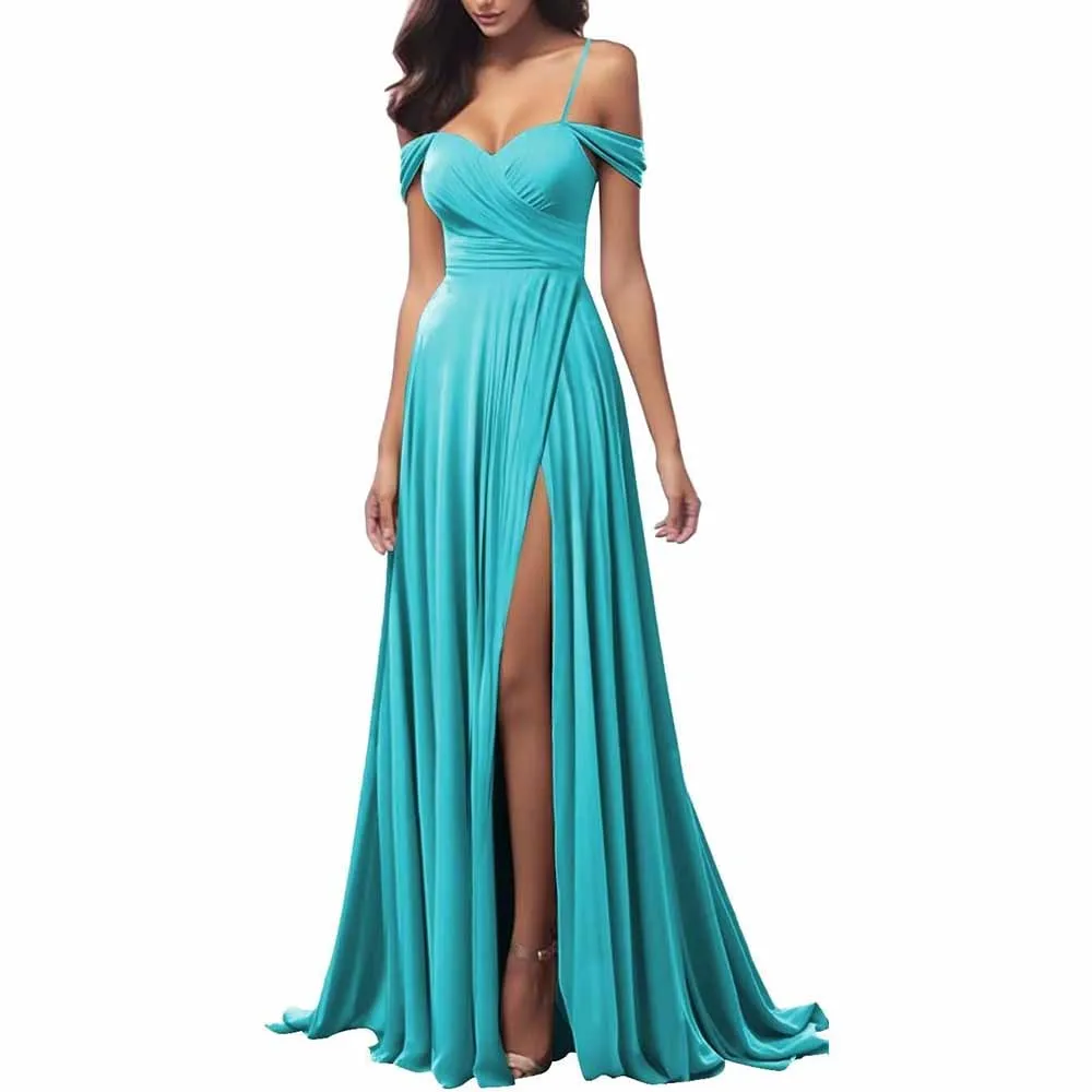 Off The Shoulder Bridesmaid Dresses Women Long Satin Formal Dresses Spaghetti Straps Evening Gown