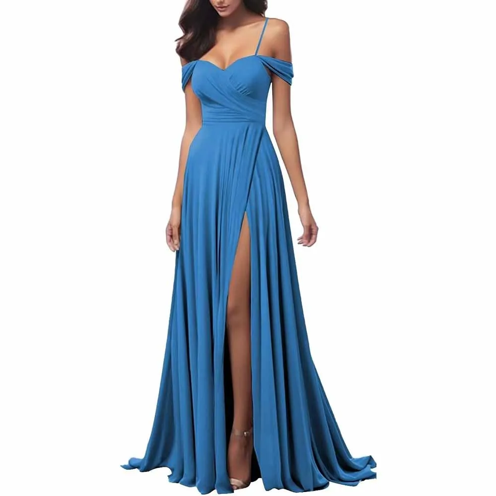 Off The Shoulder Bridesmaid Dresses Women Long Satin Formal Dresses Spaghetti Straps Evening Gown