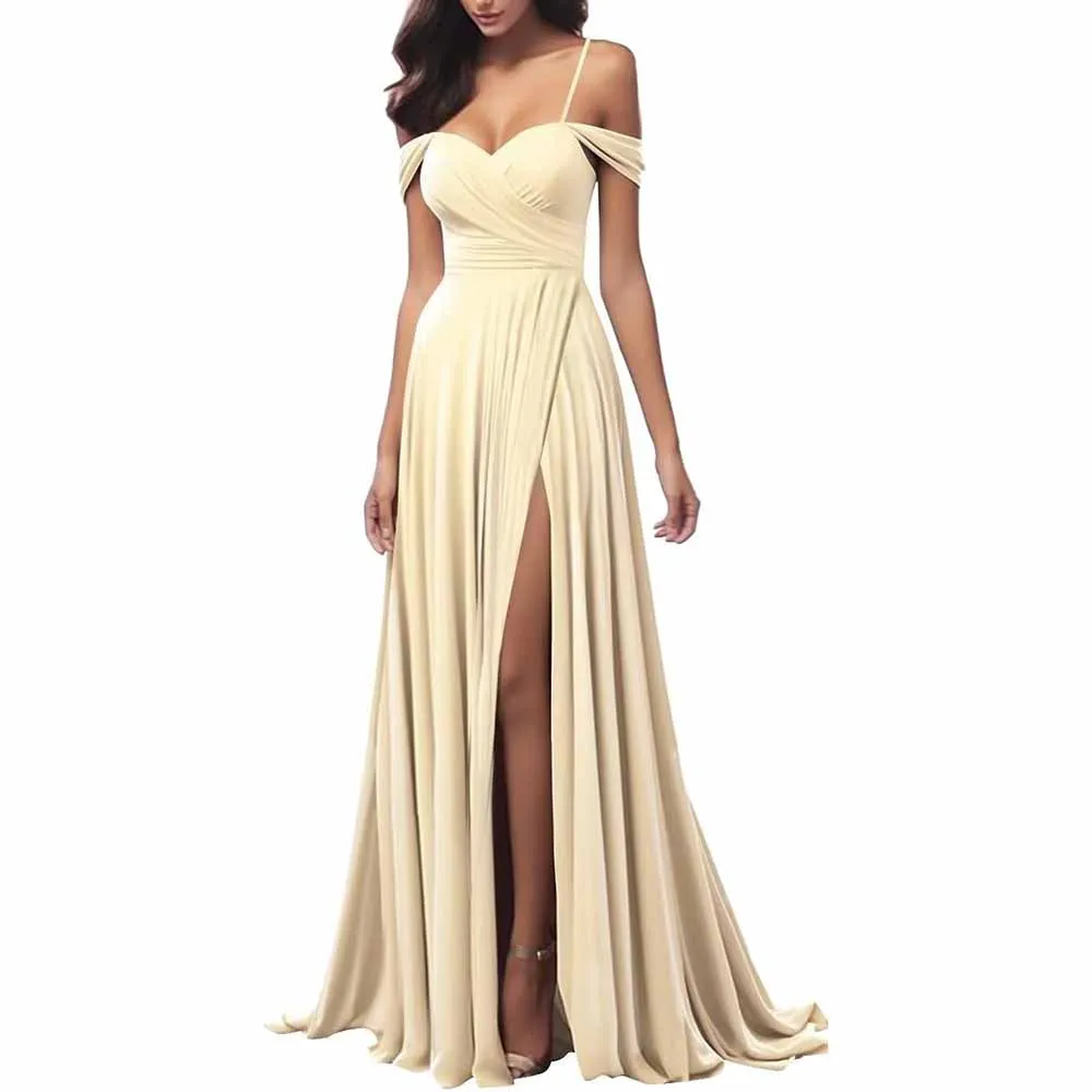 Off The Shoulder Bridesmaid Dresses Women Long Satin Formal Dresses Spaghetti Straps Evening Gown