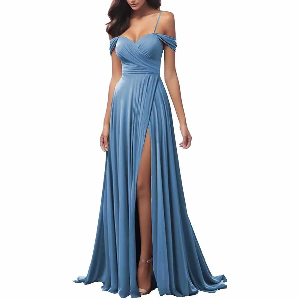 Off The Shoulder Bridesmaid Dresses Women Long Satin Formal Dresses Spaghetti Straps Evening Gown