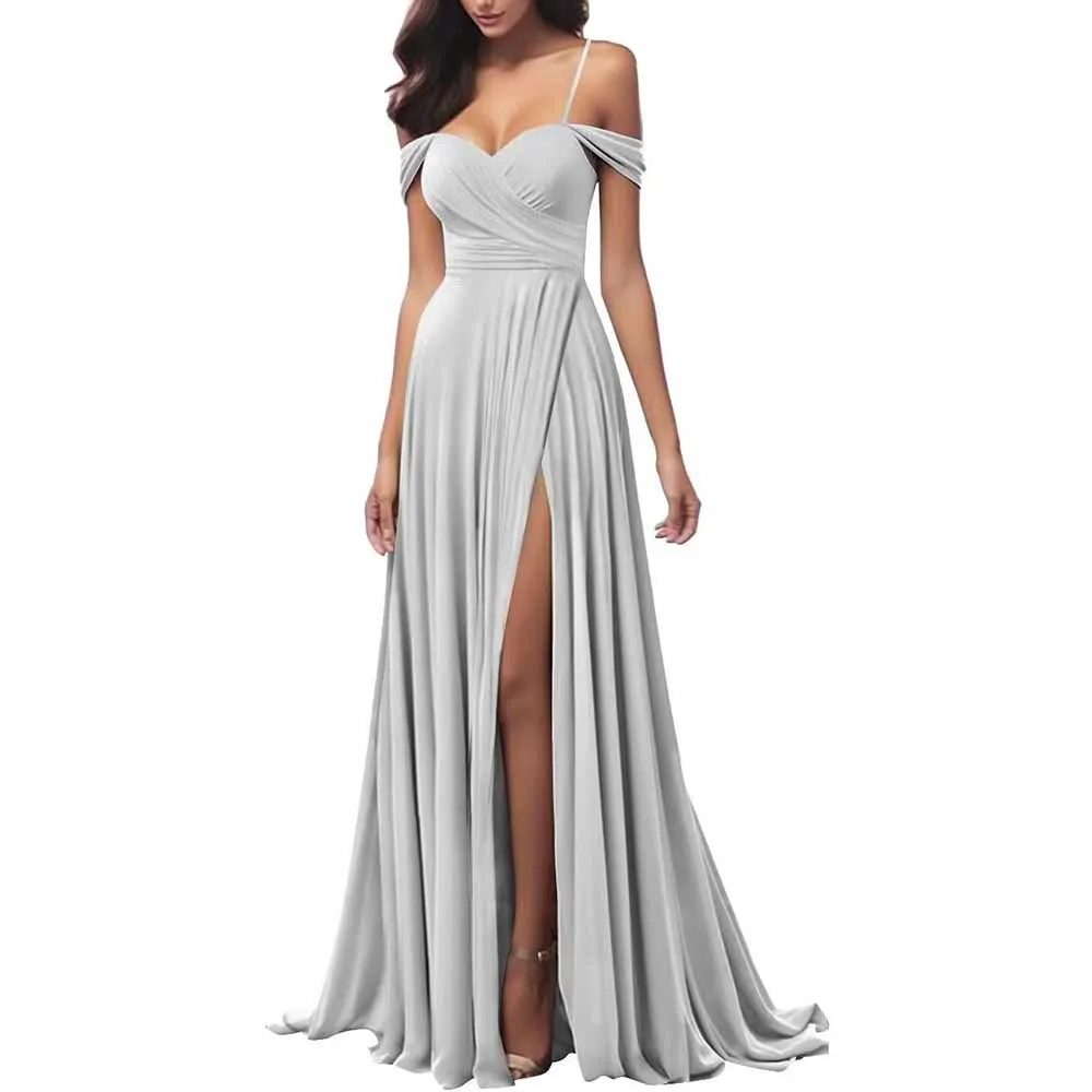 Off The Shoulder Bridesmaid Dresses Women Long Satin Formal Dresses Spaghetti Straps Evening Gown